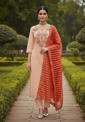 Baby Pink Embroidered Cotton Blend Dress Material