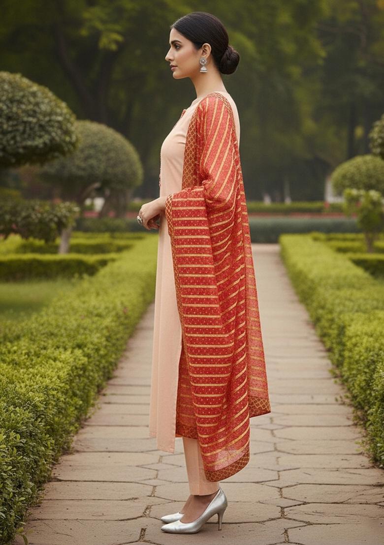 Baby Pink Embroidered Cotton Blend Dress Material - Indya