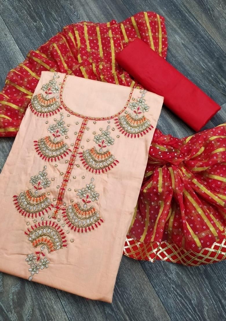 Baby Pink Embroidered Cotton Blend Dress Material - Indya