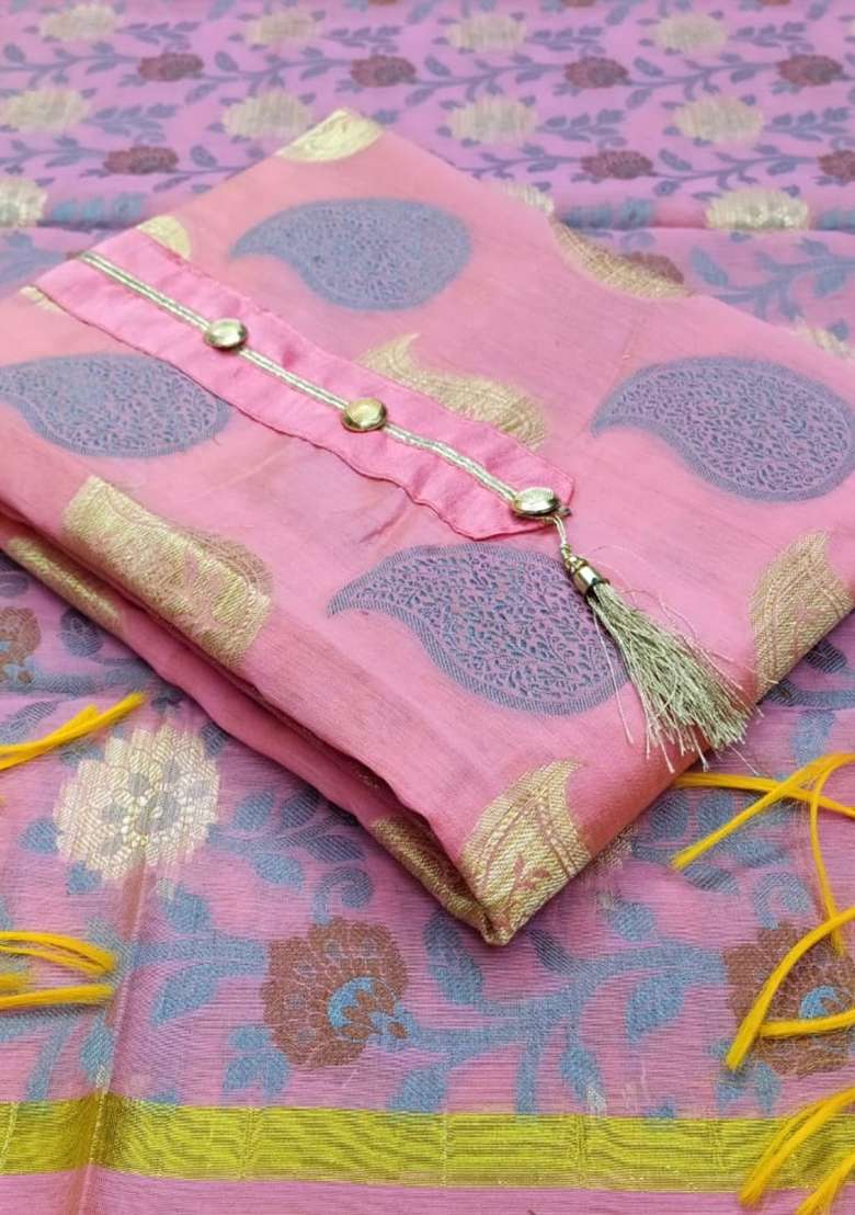 Light Pink Embroidered Jacquard Dress Material - Indya