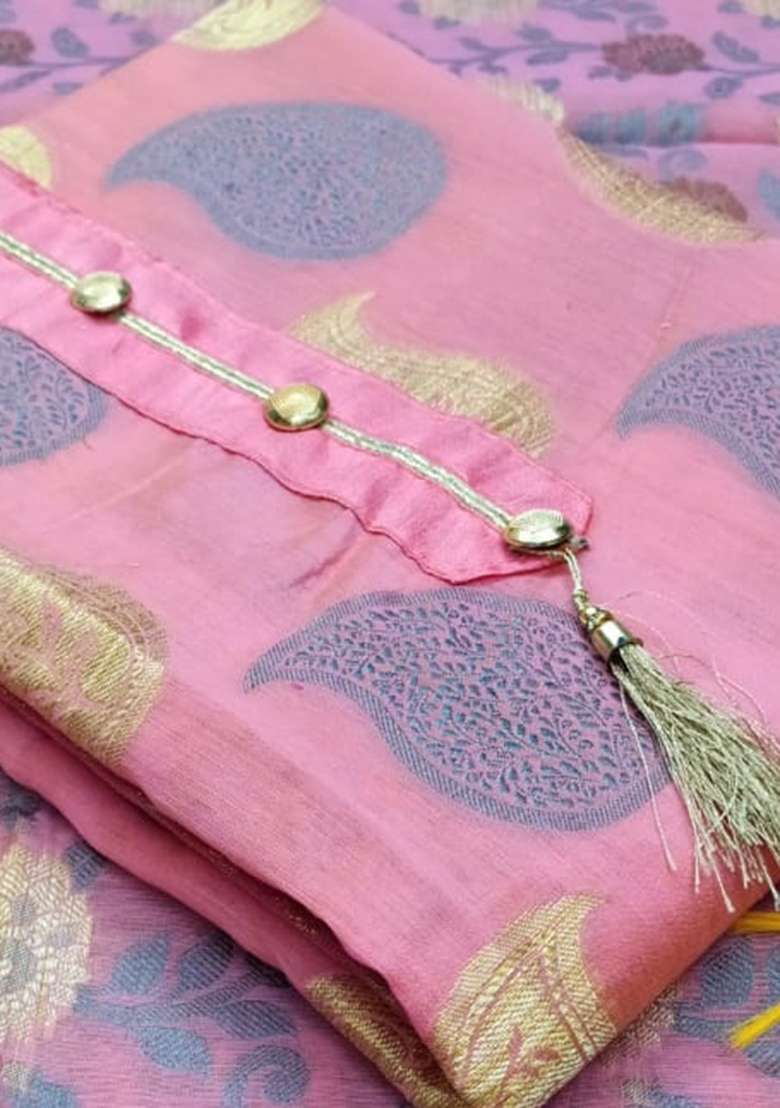 Light Pink Embroidered Jacquard Dress Material - Indya