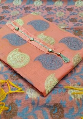 Peach Embroidered Jacquard Dress Material