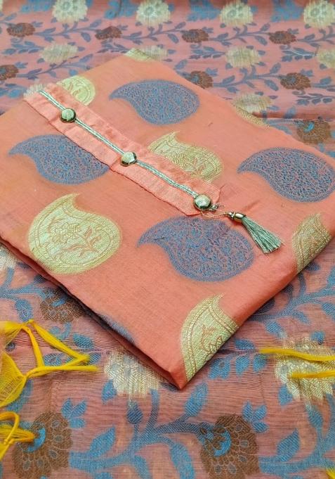 Peach Embroidered Jacquard Dress Material