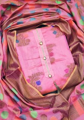 Pink Embroidered Jacquard Dress Material