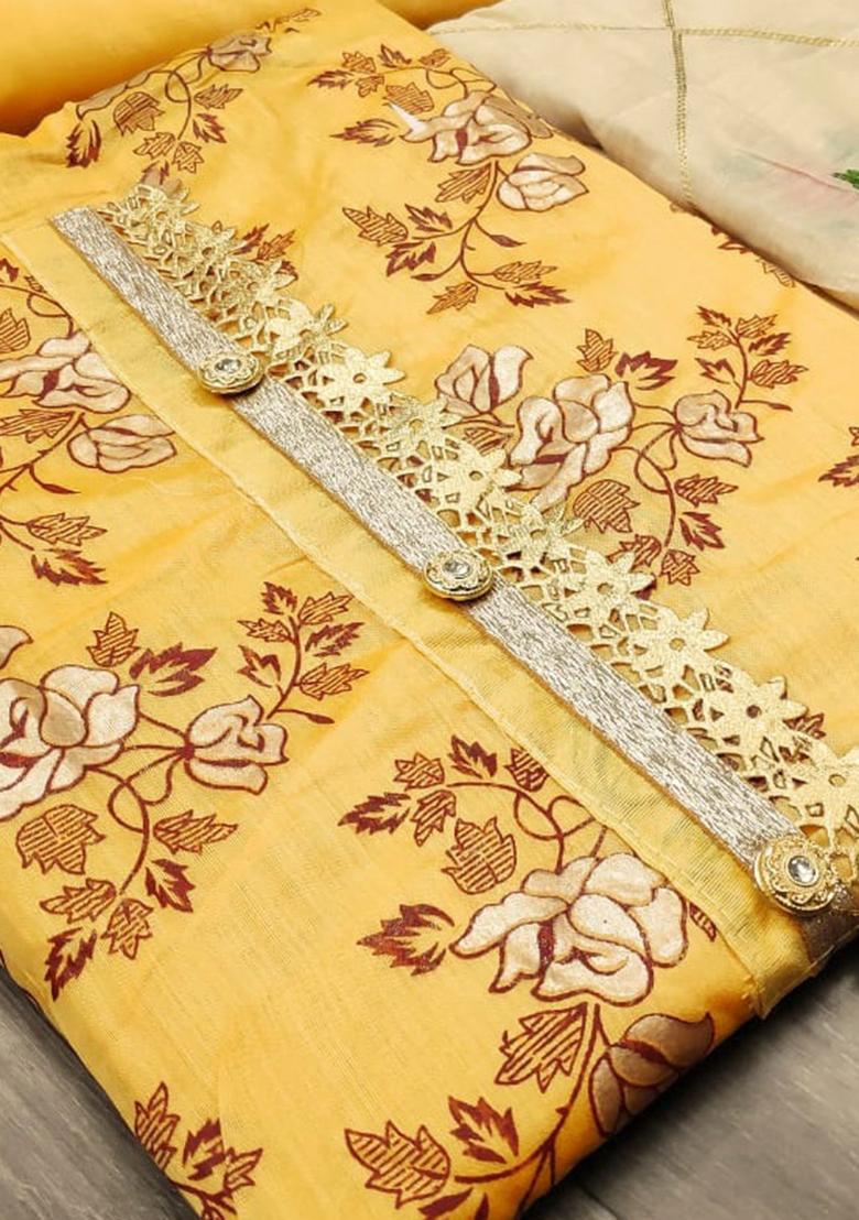 Yellow Embroidered Chanderi Dress Material