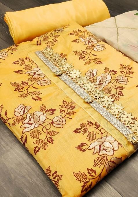 Yellow Embroidered Chanderi Dress Material