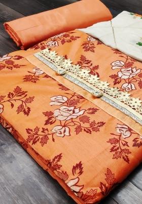 Peach Embroidered Chanderi Dress Material