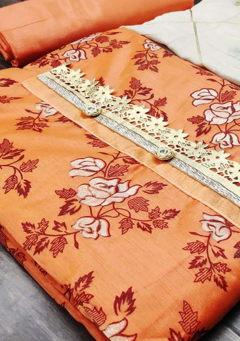 Peach Embroidered Chanderi Punjabi Suit - Indya