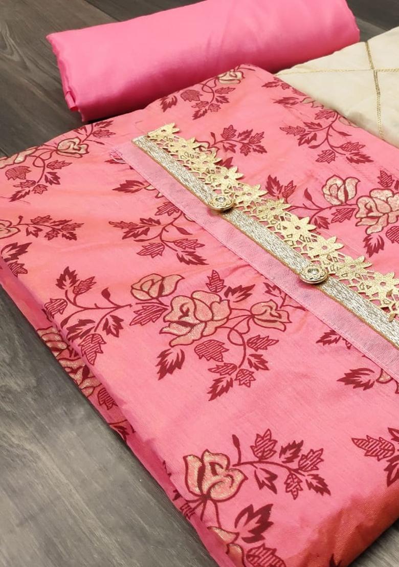 Pink Embroidered Chanderi Dress Material