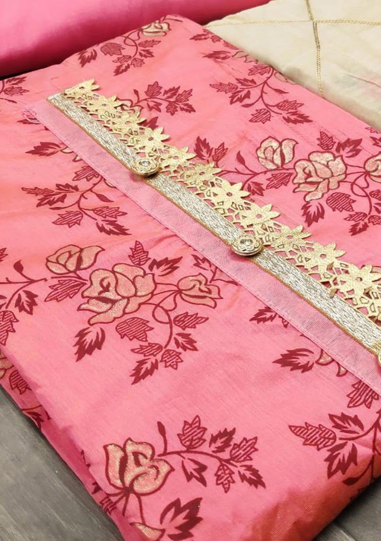 Pink Embroidered Chanderi Dress Material