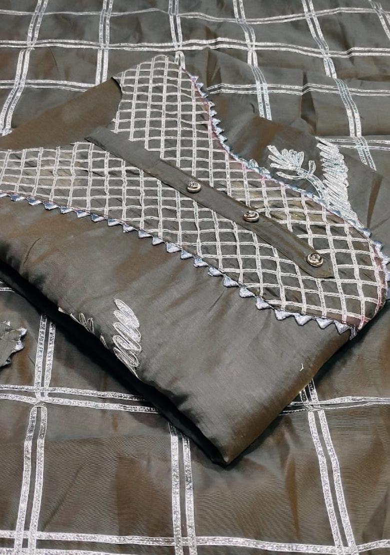Grey Embroidered Chanderi Dress Material