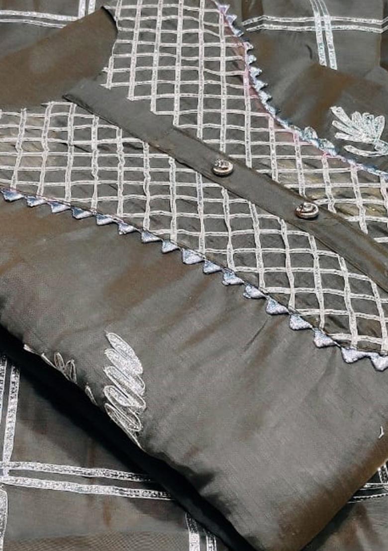 Grey Embroidered Chanderi Dress Material
