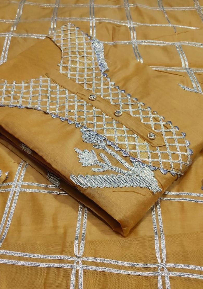 Beige Embroidered Chanderi Dress Material