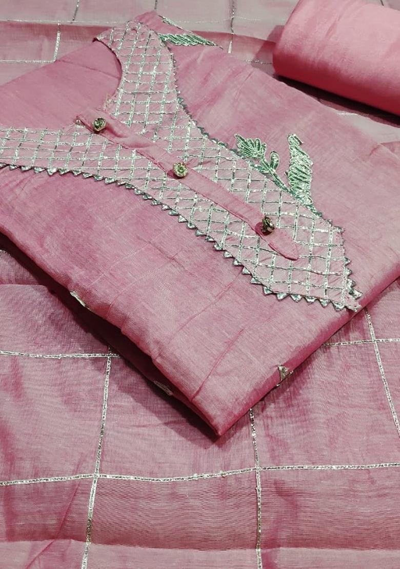 Pink Embroidered Chanderi Dress Material
