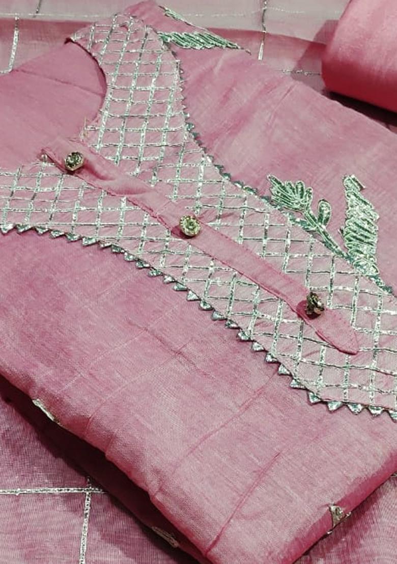 Pink Embroidered Chanderi Dress Material