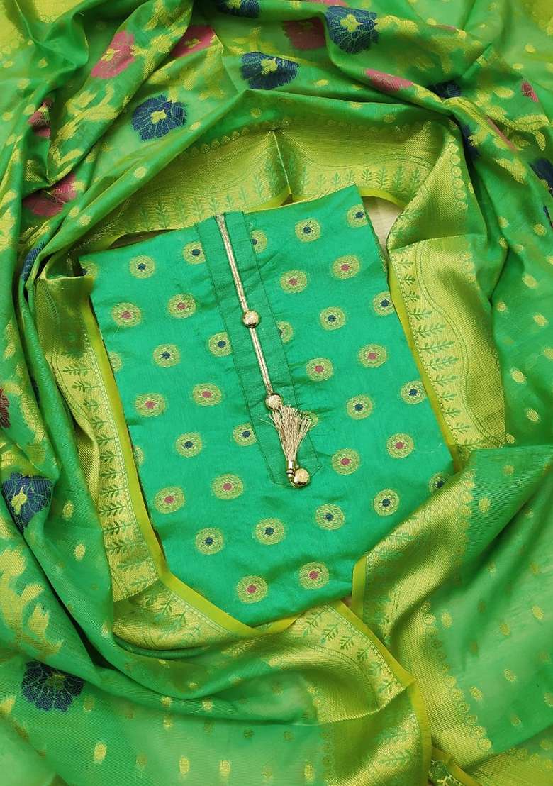 Green Zari Work Jacquard Straight Kurta Set - Indya
