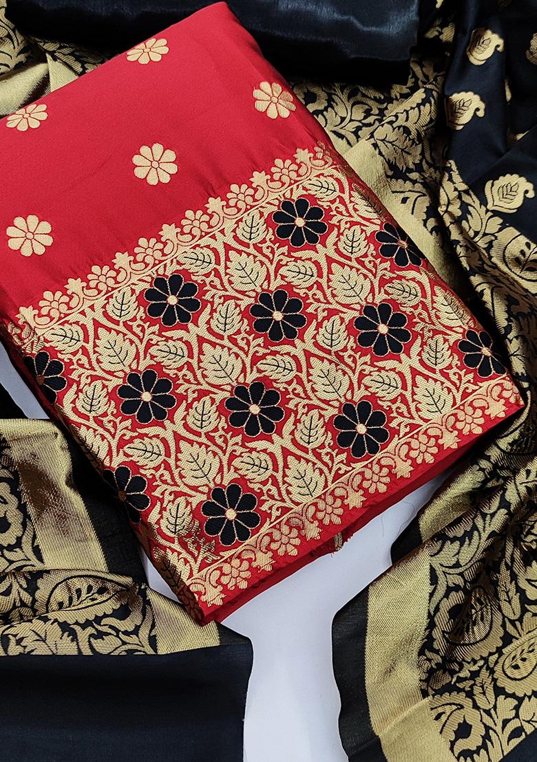 Red Embroidered Jacquard Dress Material