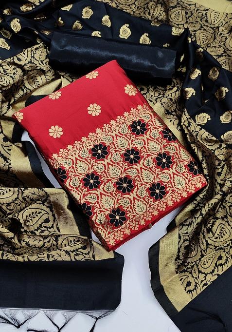 Red Embroidered Jacquard Dress Material