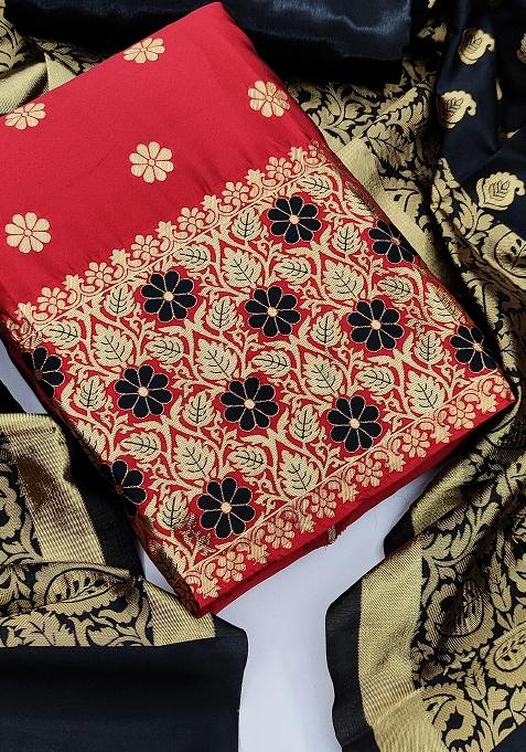 Red Embroidered Jacquard Dress Material