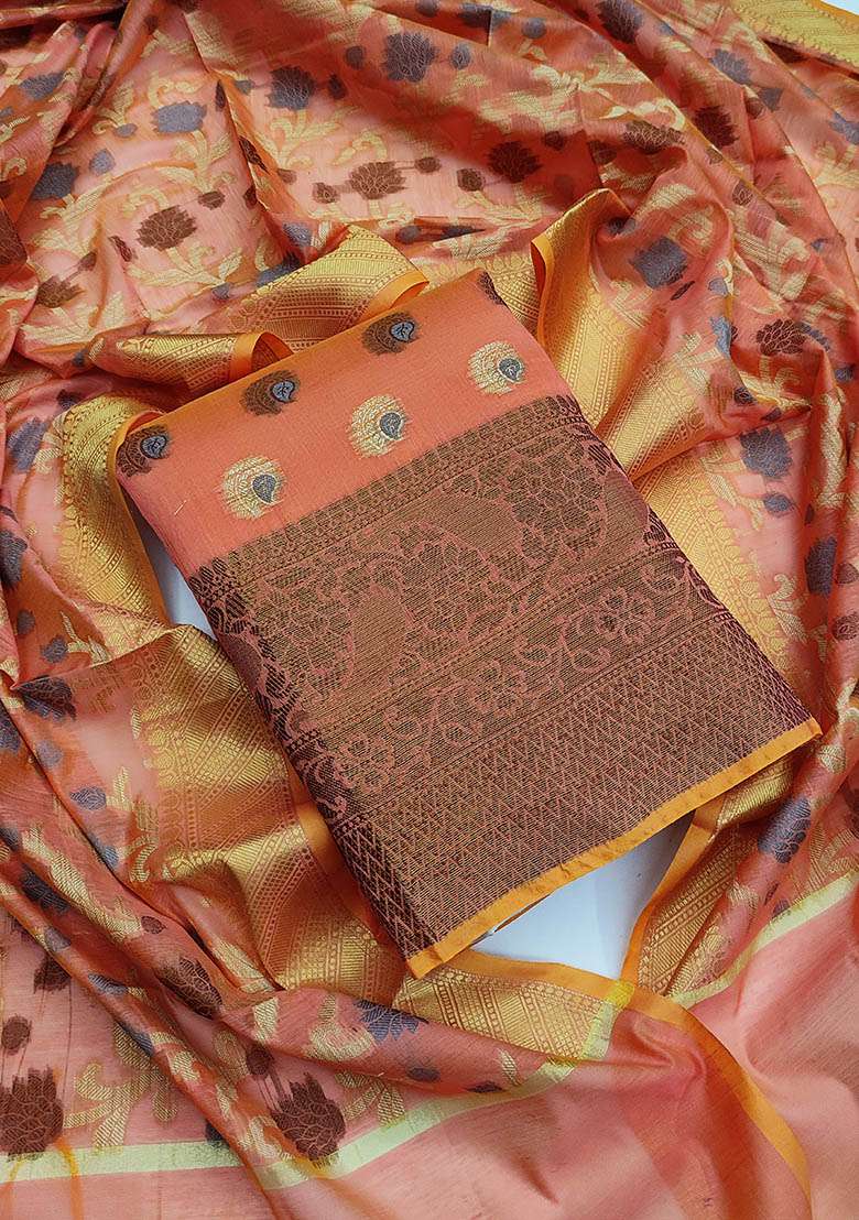 Peach Zari Work Jacquard Straight Kurta Set - Indya