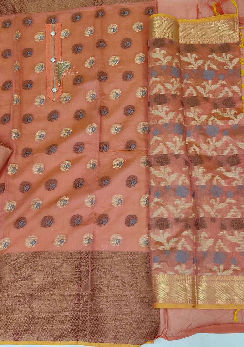 Peach Zari Work Jacquard Straight Kurta Set - Indya
