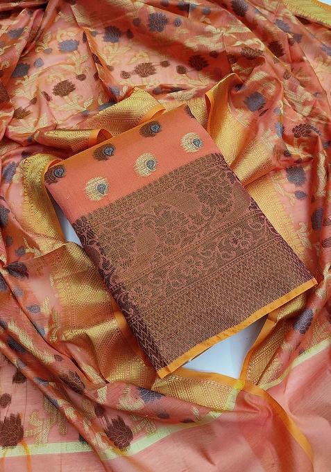 Peach Embroidered Jacquard Dress Material