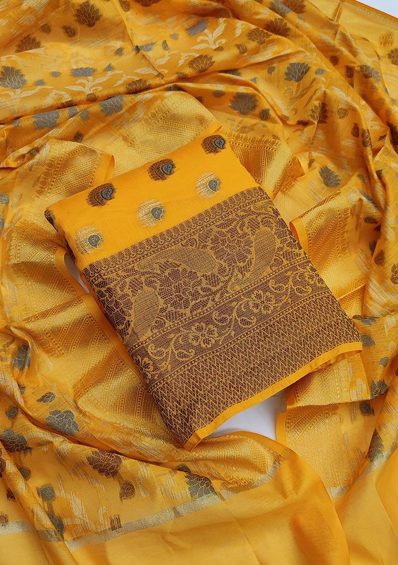 Yellow Embroidered Jacquard Dress Material