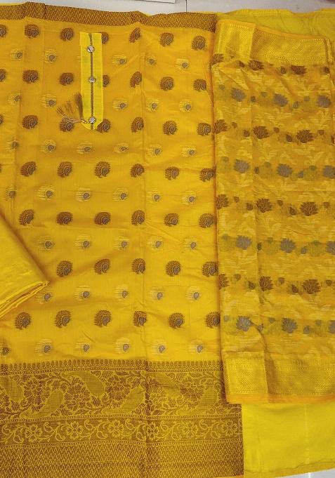 Yellow Embroidered Jacquard Dress Material