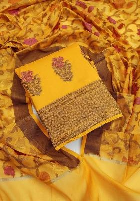 Yellow Embroidered Jacquard Dress Material