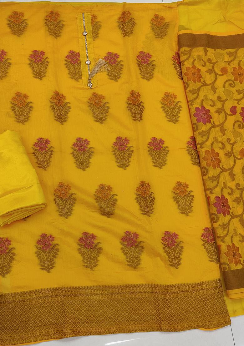 Yellow Embroidered Jacquard Dress Material