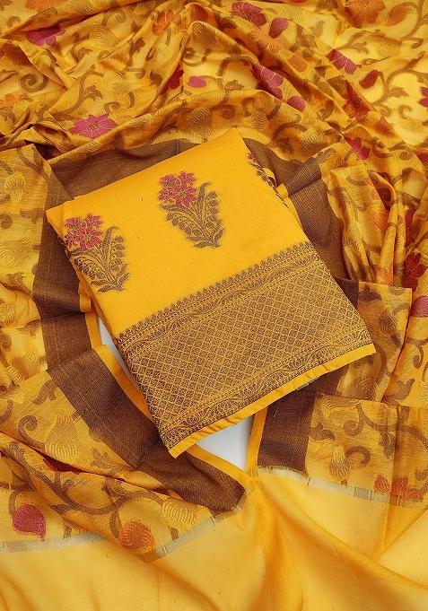 Yellow Embroidered Jacquard Dress Material