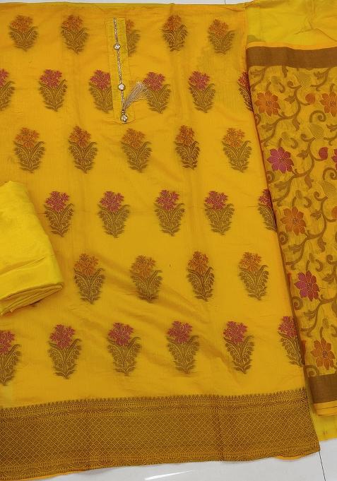 Yellow Embroidered Jacquard Dress Material