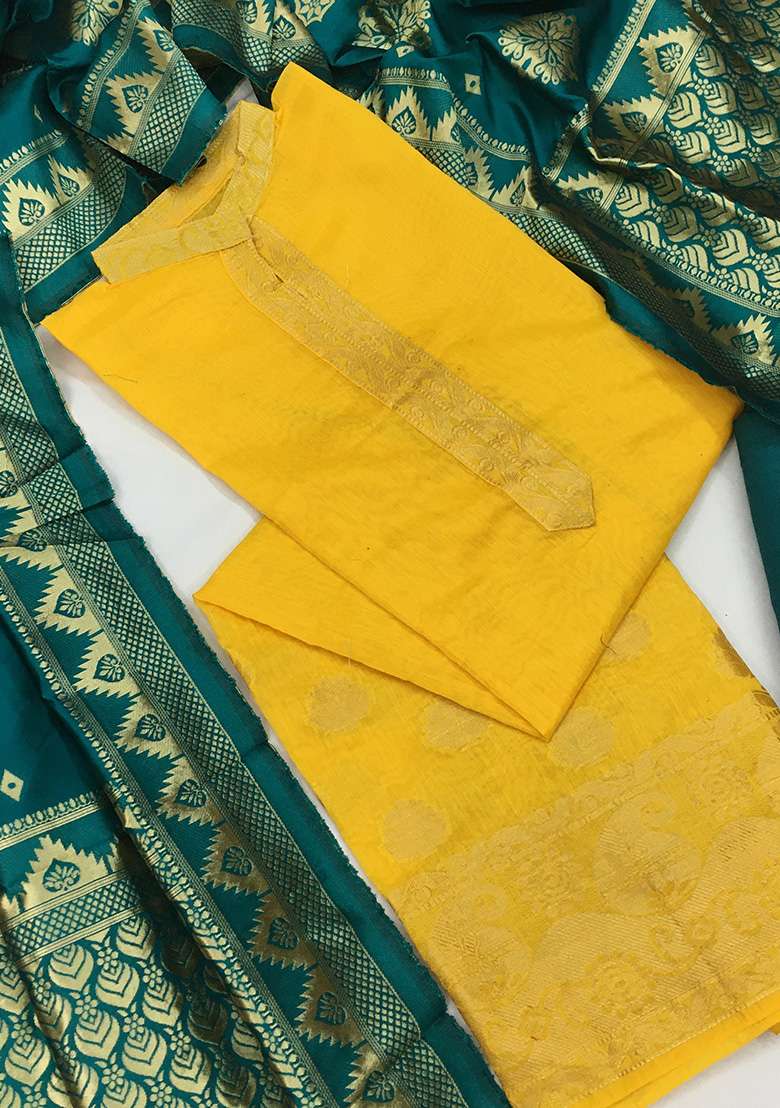 Yellow Zari Work Jacquard Straight Kurta Set - Indya