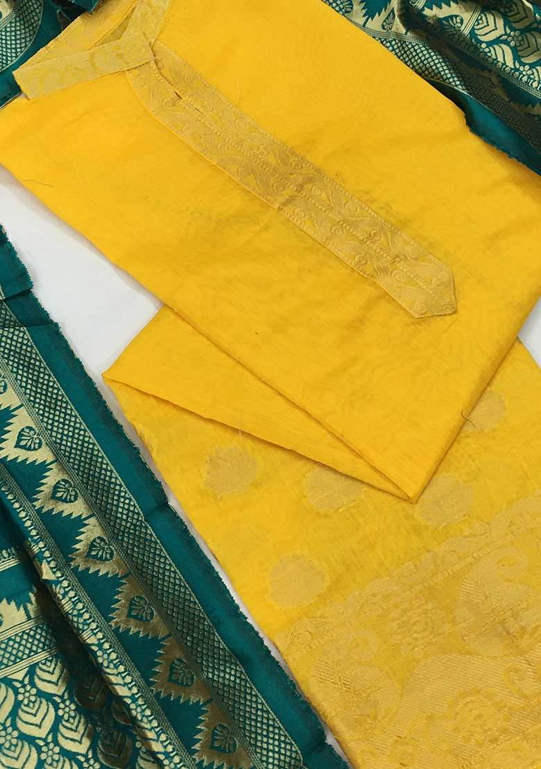 Yellow Zari Work Jacquard Straight Kurta Set - Indya