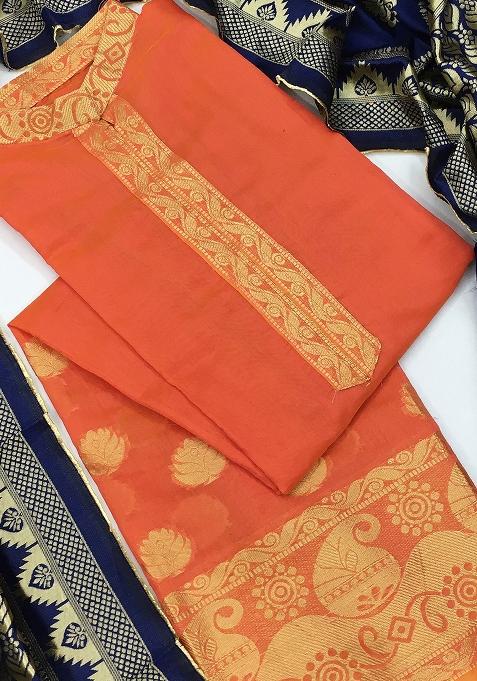 Peach Embroidered Jacquard Dress Material