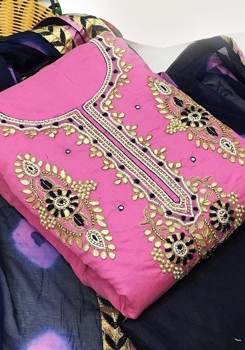 Pink Embroidered Chanderi Dress Material