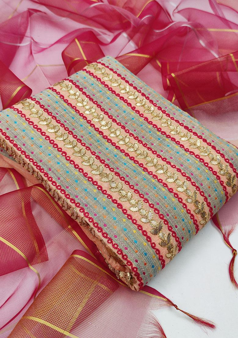 Peach Embroidered Cotton Blend Dress Material