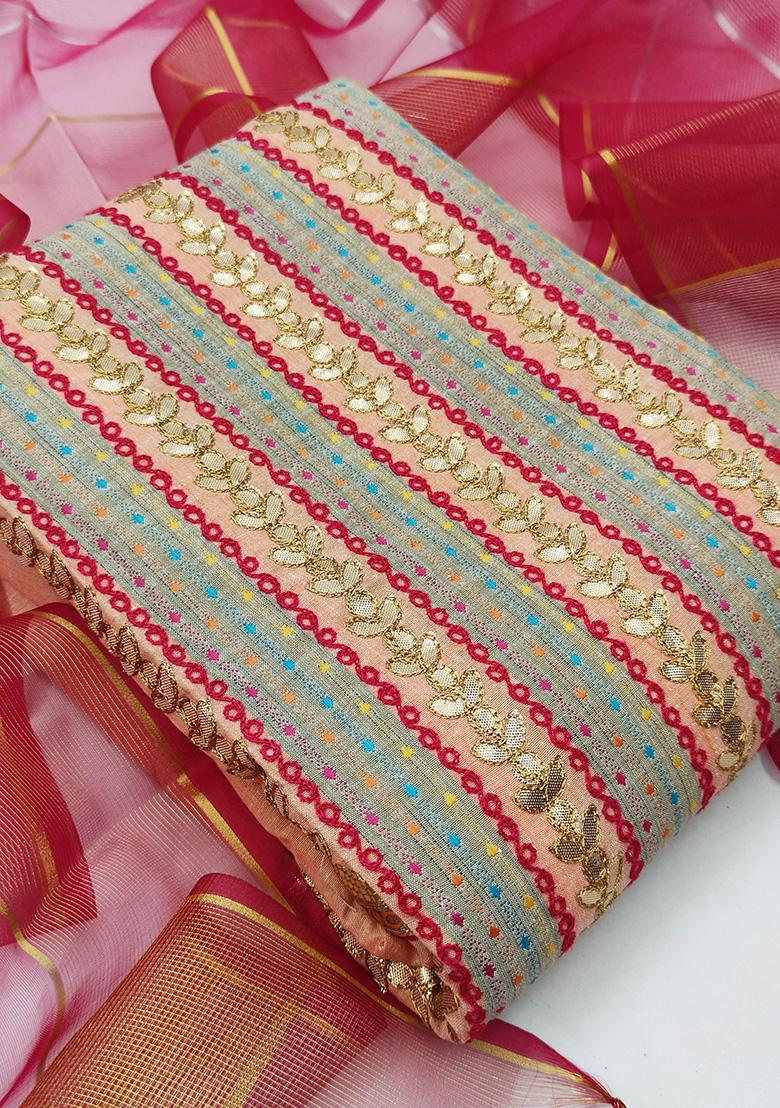 Peach Embroidered Cotton Blend Dress Material