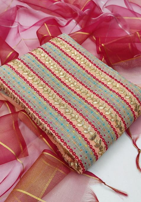 Peach Embroidered Cotton Blend Dress Material