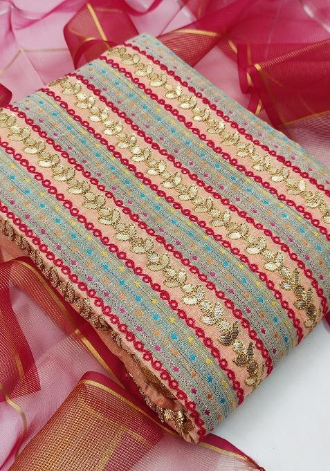 Peach Embroidered Cotton Blend Dress Material