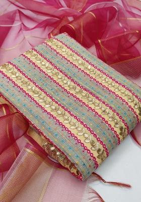 Beige Embroidered Cotton Blend Dress Material