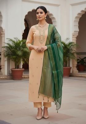 Peach Embroidered Chanderi Dress Material