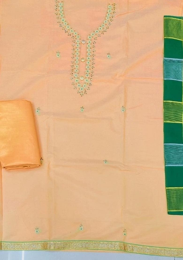 Peach Embroidered Chanderi Dress Material - Indya