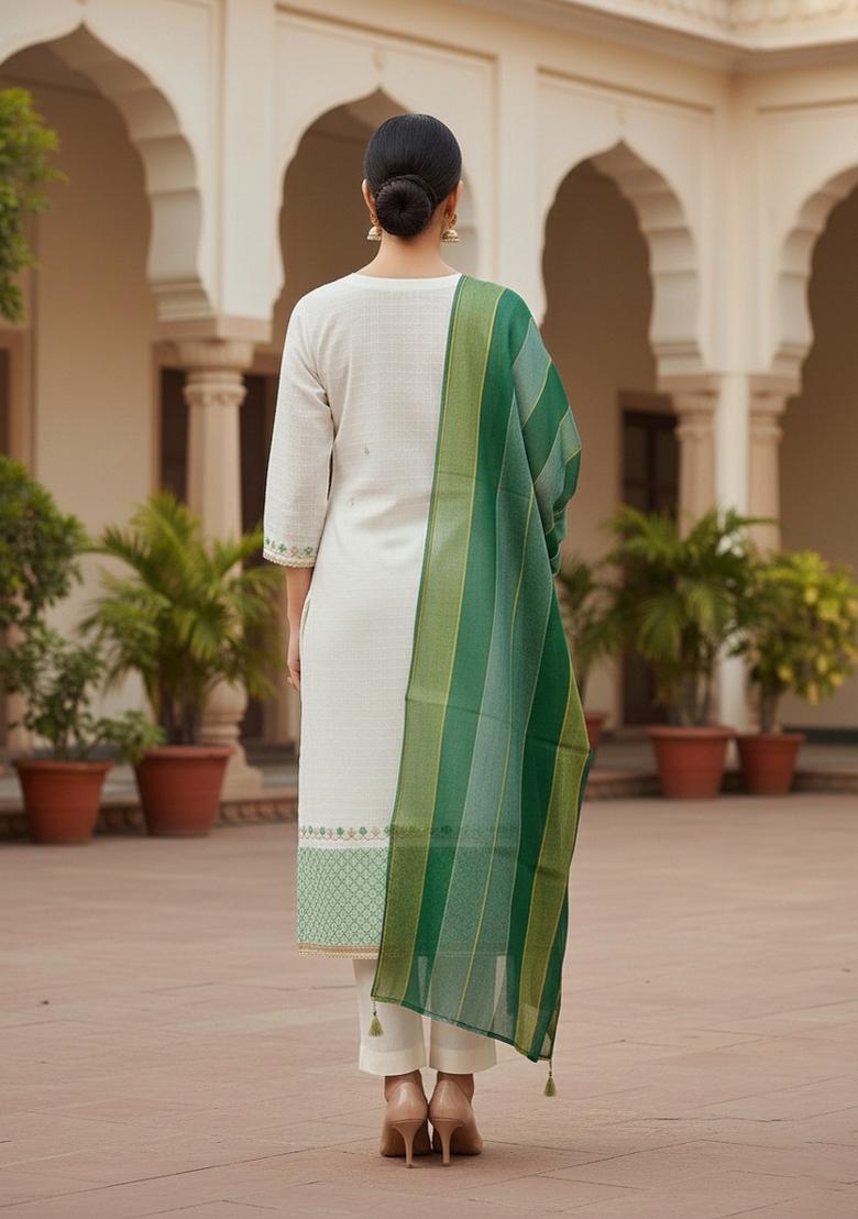White Embroidered Chanderi Dress Material