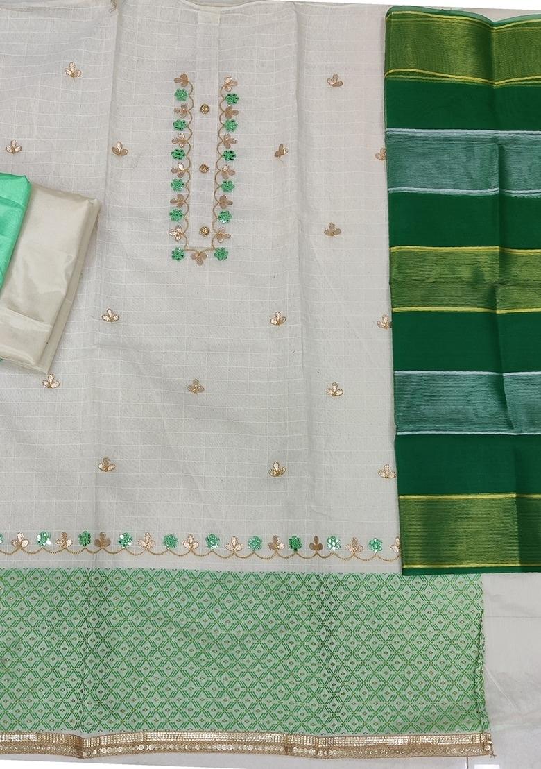 White Embroidered Chanderi Dress Material - Indya