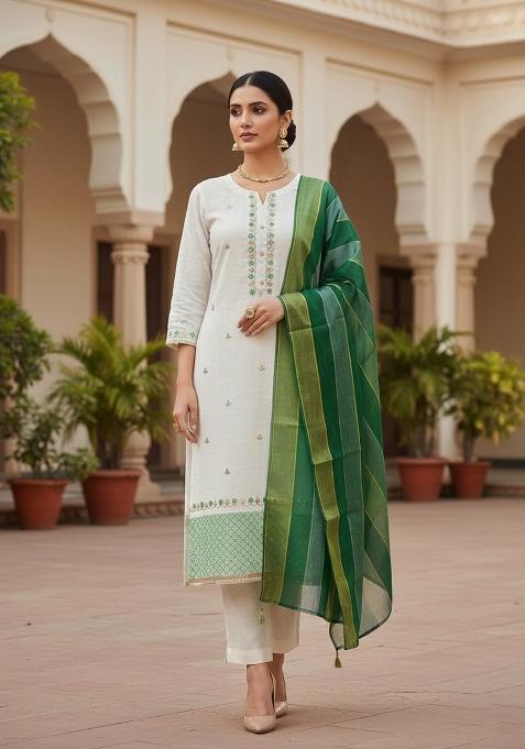 White Embroidered Chanderi Dress Material