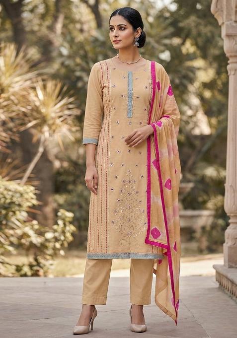 Yellow Embroidered Cotton Blend Dress Material