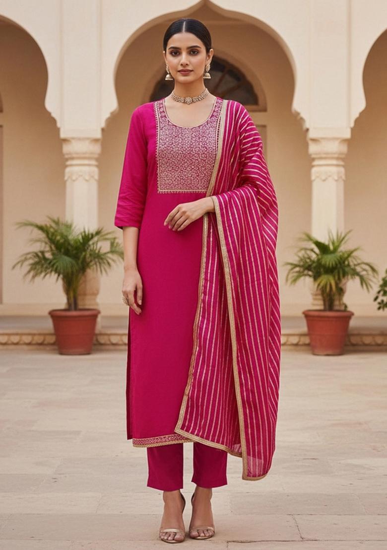 Pink Embroidered Chanderi Dress Material
