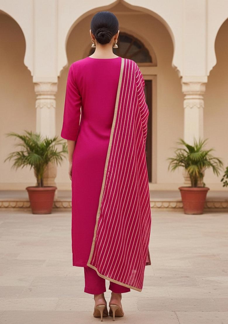 Pink Embroidered Chanderi Dress Material - Indya