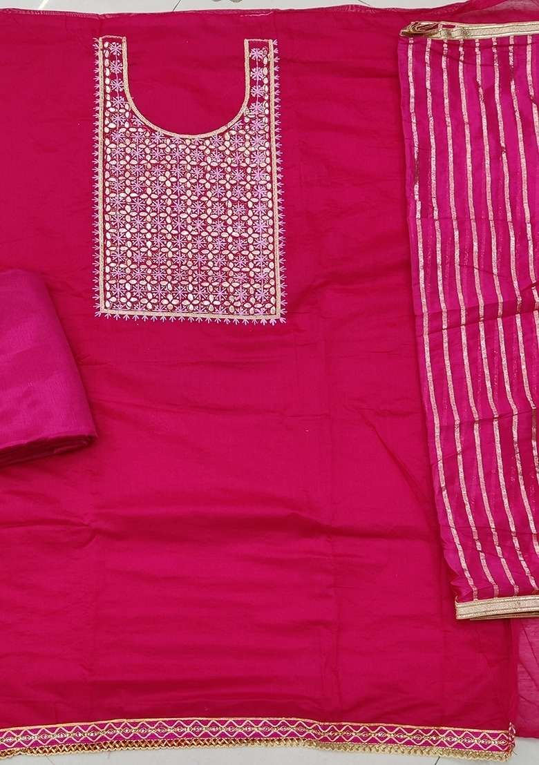 Pink Embroidered Chanderi Straight Kurta Set - Indya